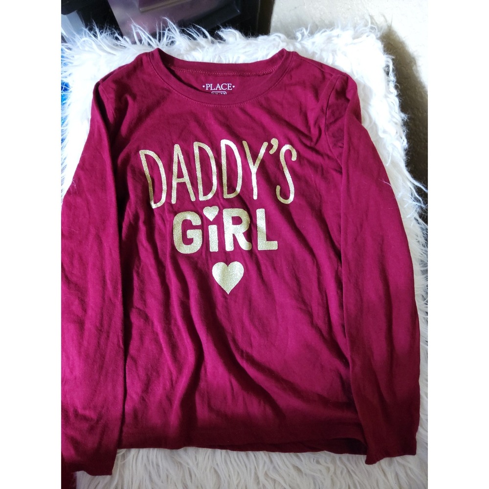 The Childrens Place Girls Burgundy Gold Glitter Daddys Girl Shirt Size 7/8 M